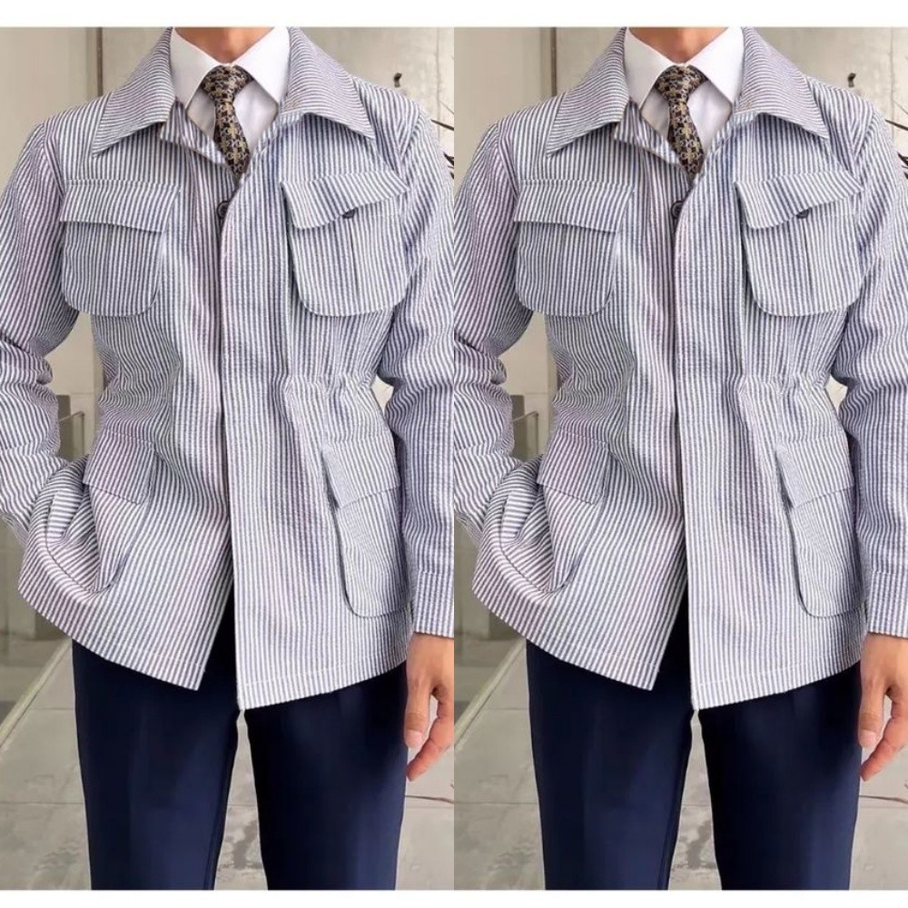 Leisure Seersucker Men Safari Jacket Four Pockets Sports Summer Men Hunting Coat