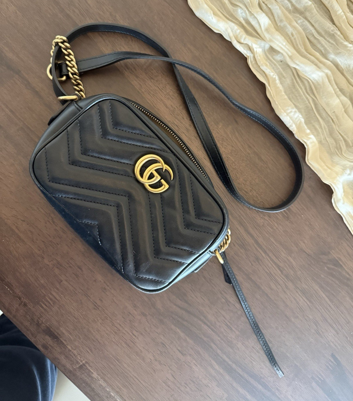 Gucci GG Marmont Small Black Chevron Quilted Crossbody Bag Gold Hardware