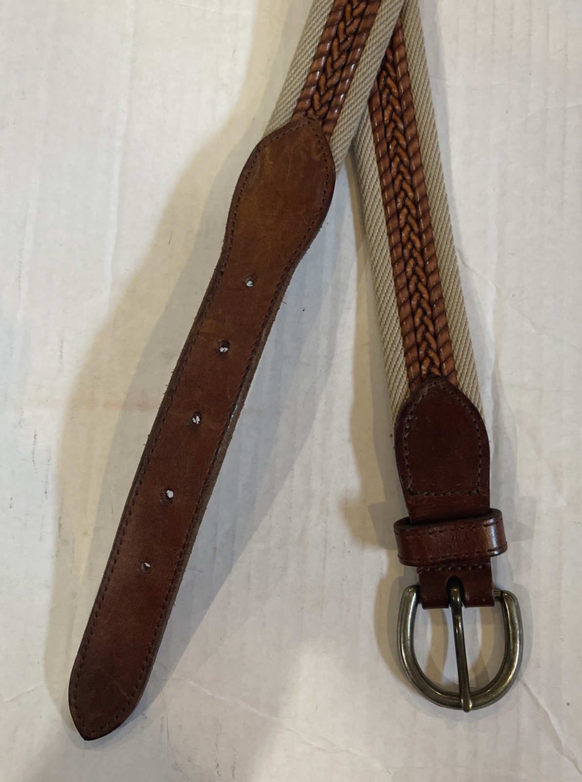 Vintage Brown Leather Braided & Beige Canvas Belt Sz L EUC NICE brass buckle!!