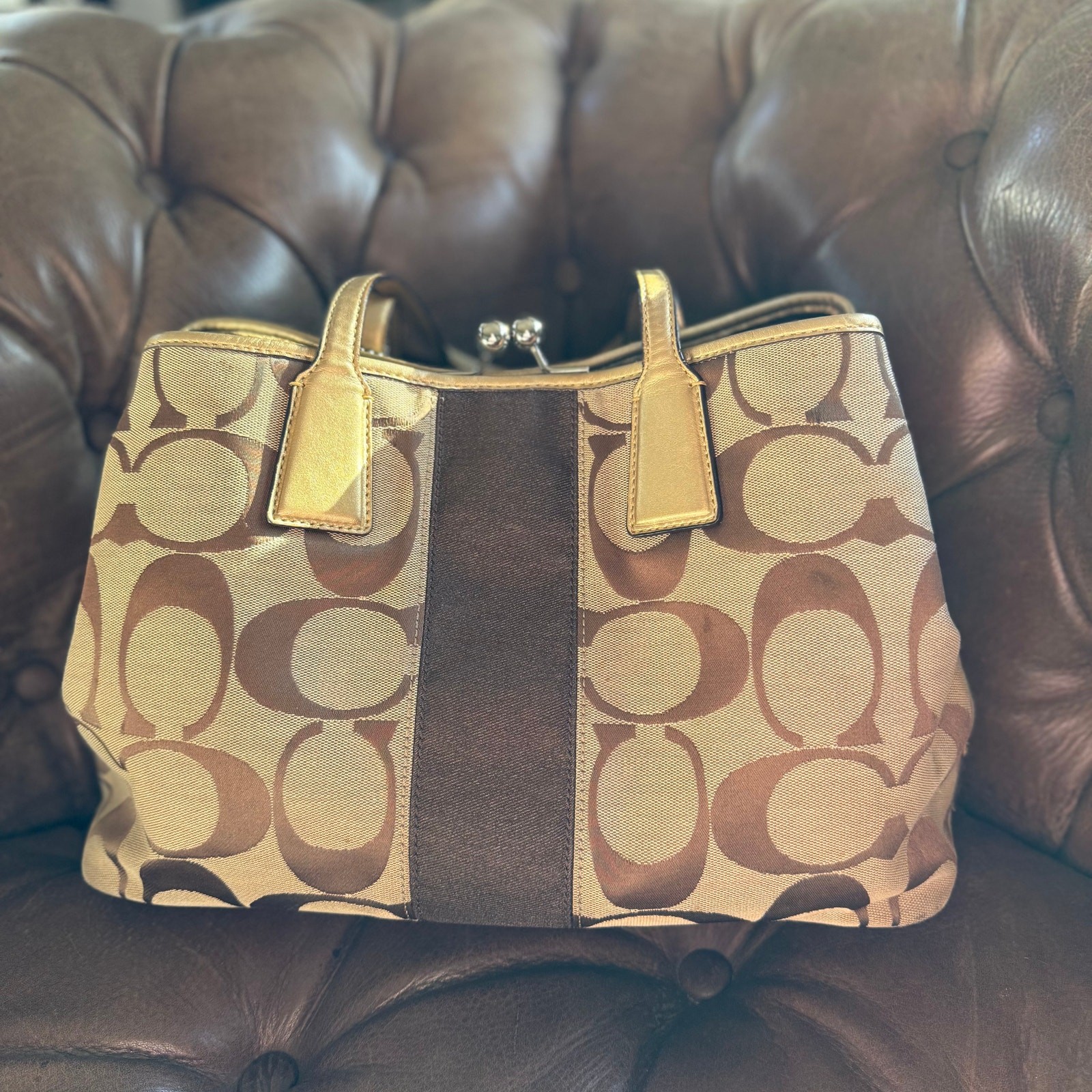 Coach Signature Stripe Framed Kisslock Tote Bag D1071-F13533