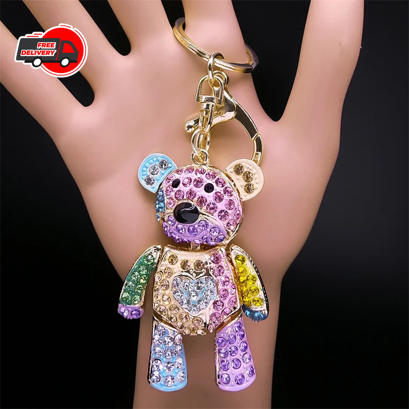 Cute Sweet Colorful Full Crystal Big Bear Key Chain Alloy Rhinestone Fashion Bag
