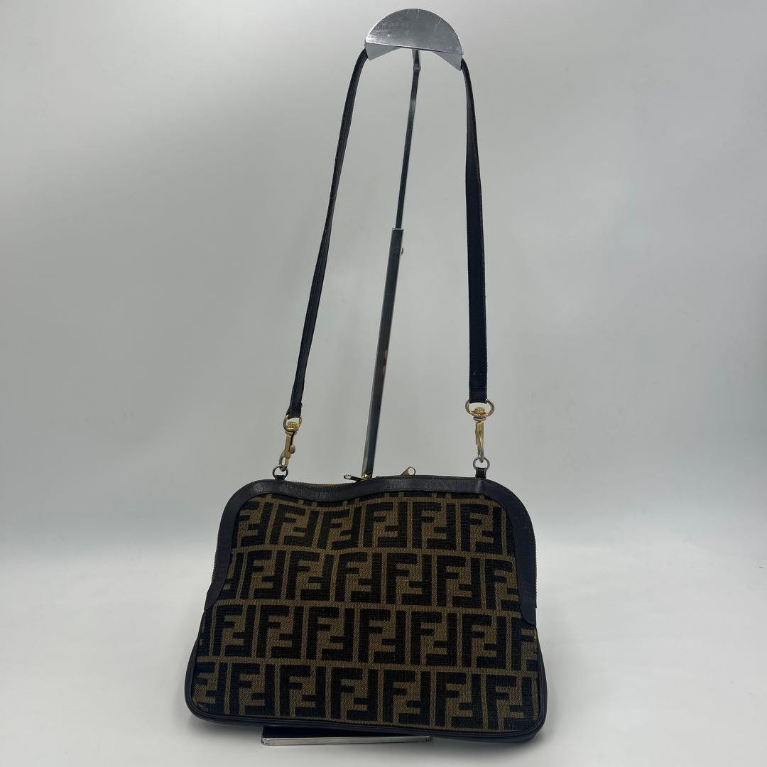 FENDI Zucca FF Shoulder Bag Ziplock Leather Canvas Brown Beige Gold #2702