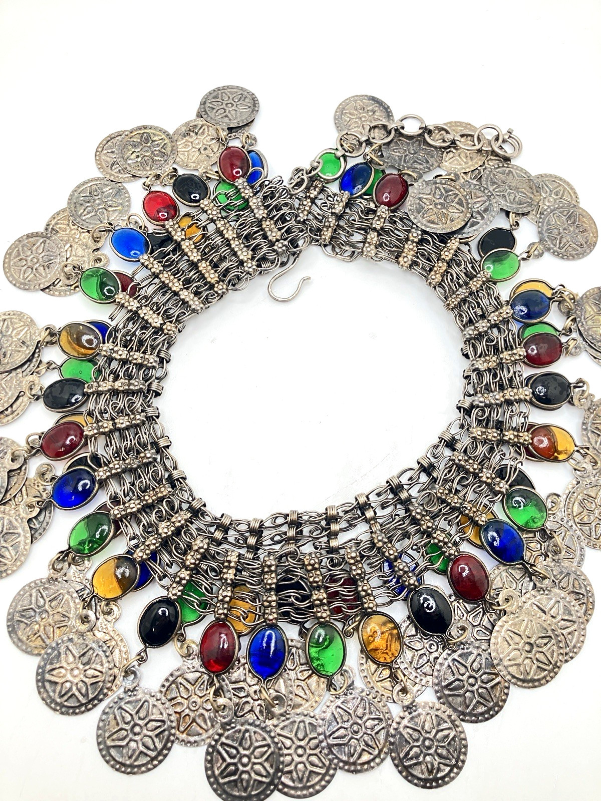 Vintage Silver-Toned Belly Dancer Belt with Multi-Color Cabochons 37″-41″