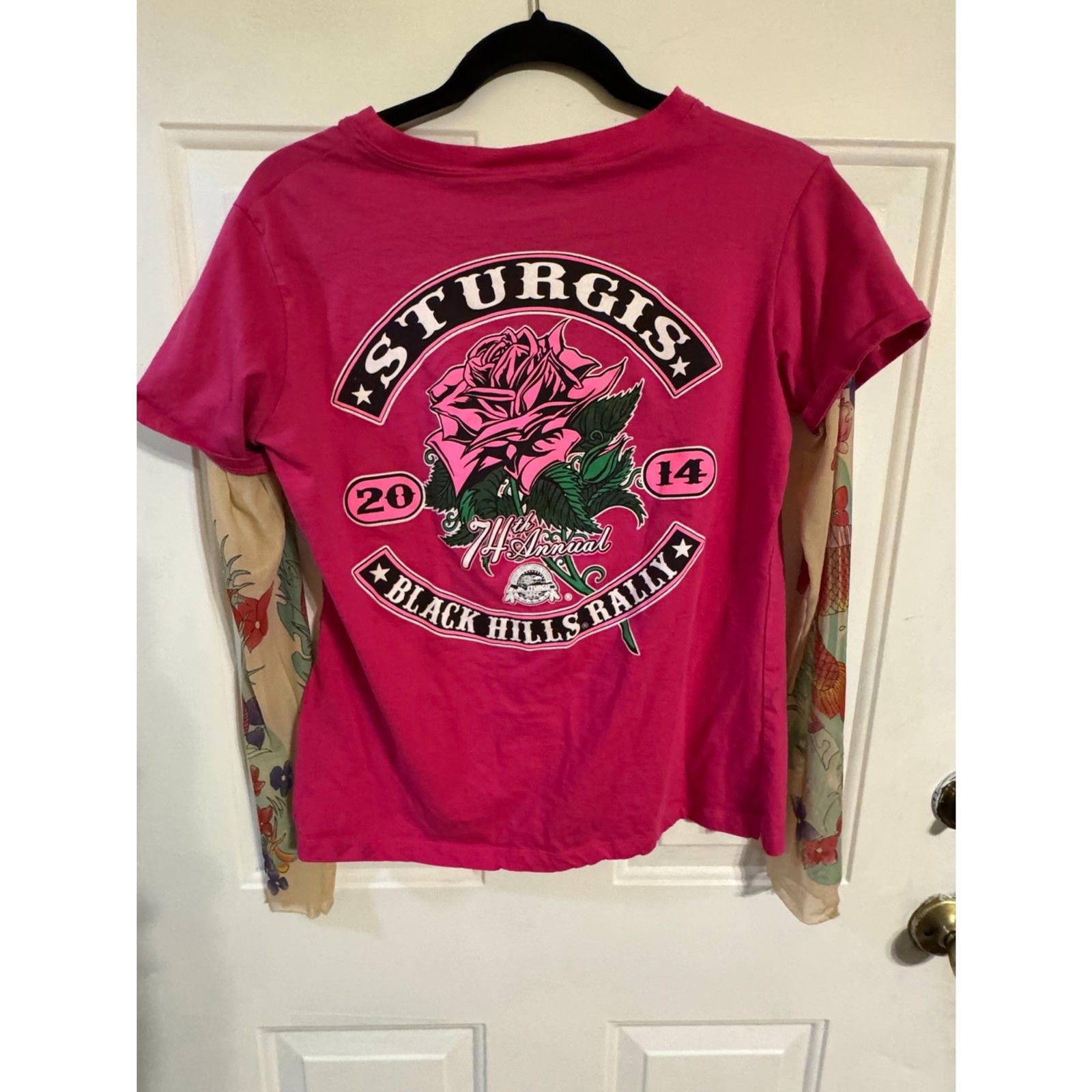 Sturgis Black Hills Rally 2014 Pink Rose Tattoo Mesh Sleeve Tee Womens XL