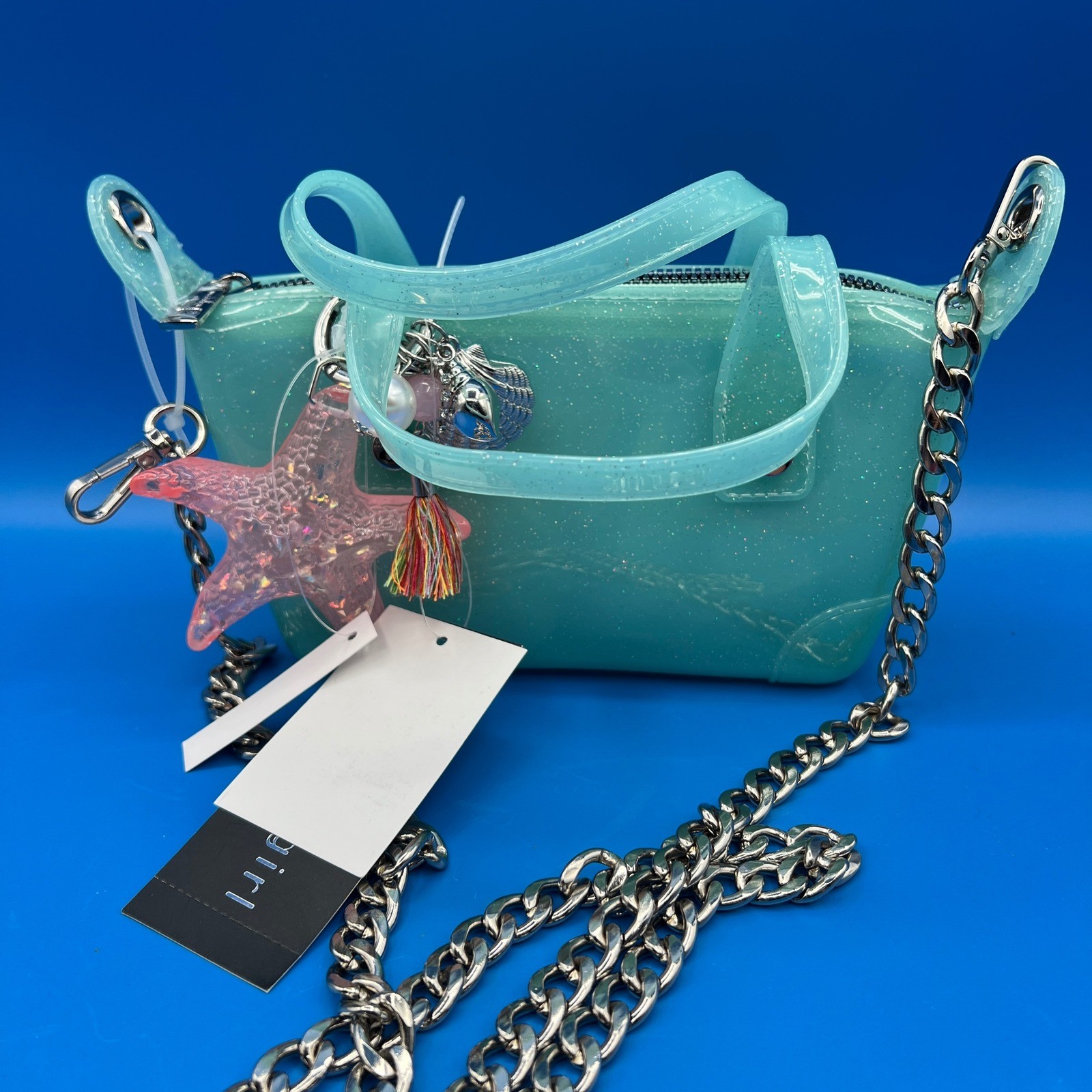 Madden Girl Mint Green Glitter Jelly Mini Tote Crossbody Bag Starfish net