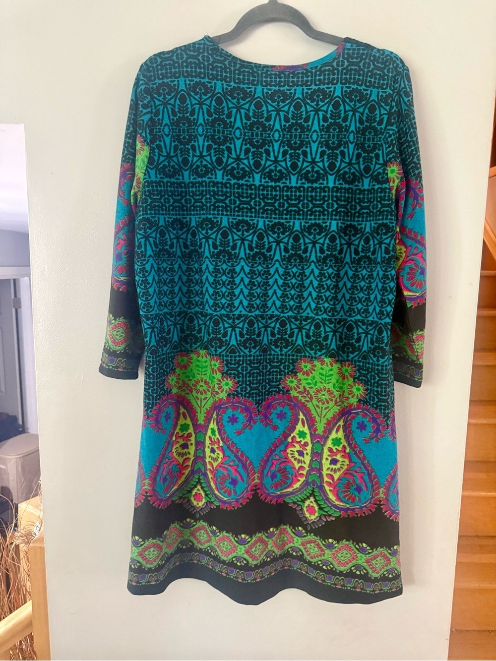 ONYX Boho Paisley Tunic Shift Dress Teal Pink Neon Green Crochet Neck XL
