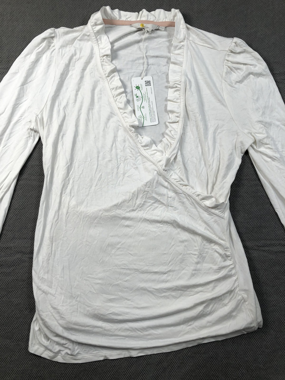 Boden Blouse Womens 14 White V Neck Long Puff Sleeve Ruffle Jersey Top NWT