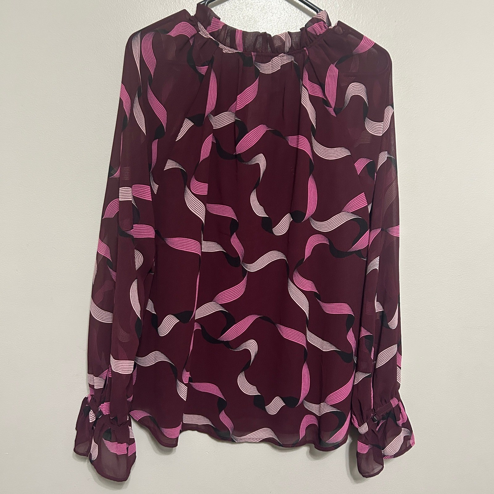 Ann Taylor Blouse Womens XL Burgundy Pink NWT Abstract Ribbon Ruffle Tie Neck