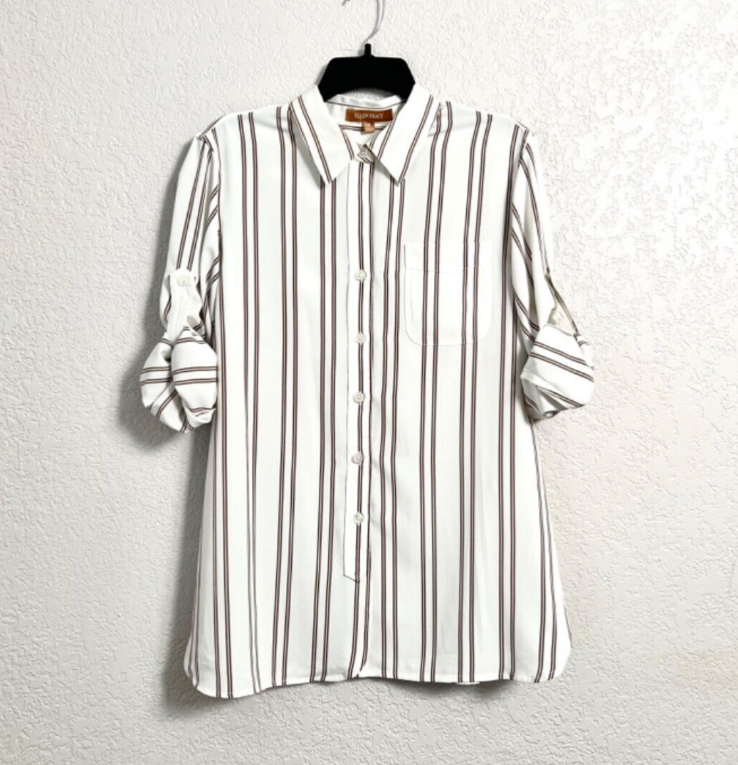 Ellen Tracy White Moss Brown Stripe Long sleeves Casual Blouse Classic Tops sz M