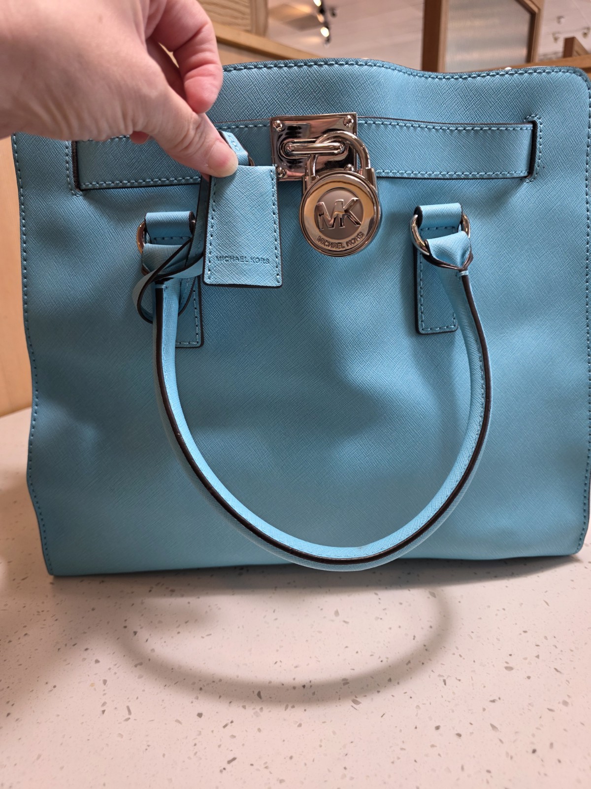 Michael Kors Aqua Blue Medium Blue Satchel Top Handle Silver Hardware Dust Bag