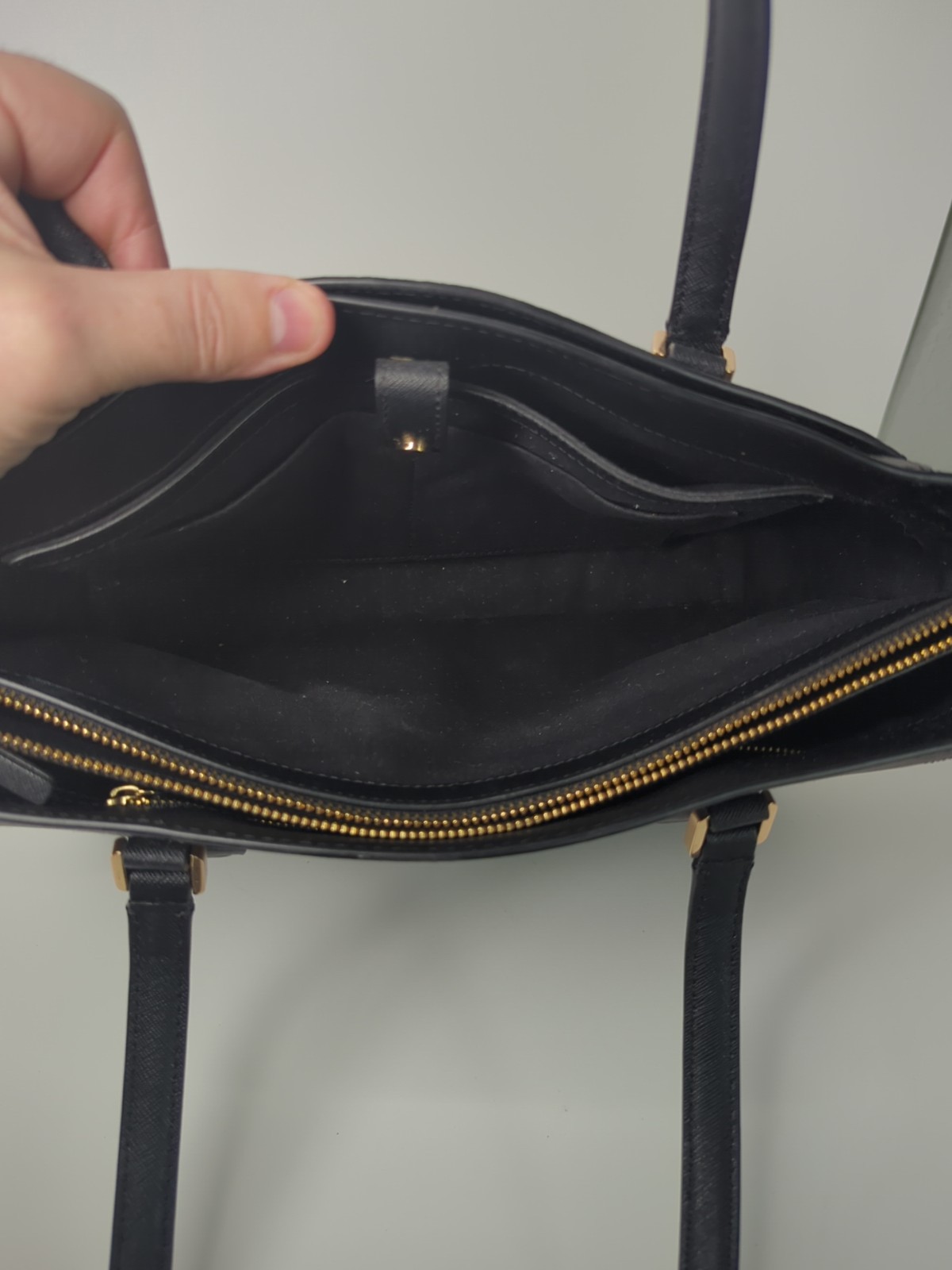 Tory Burch Robinson Small Saffiano Leather Black Tote Bag with Golden Accents