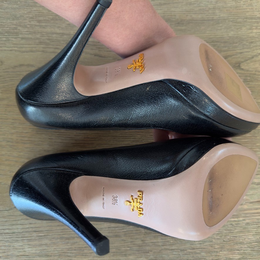 PRADA 120mm Saffiano Pumps-Italian Designer Black Round Toe High Heels-Sz US 8.5