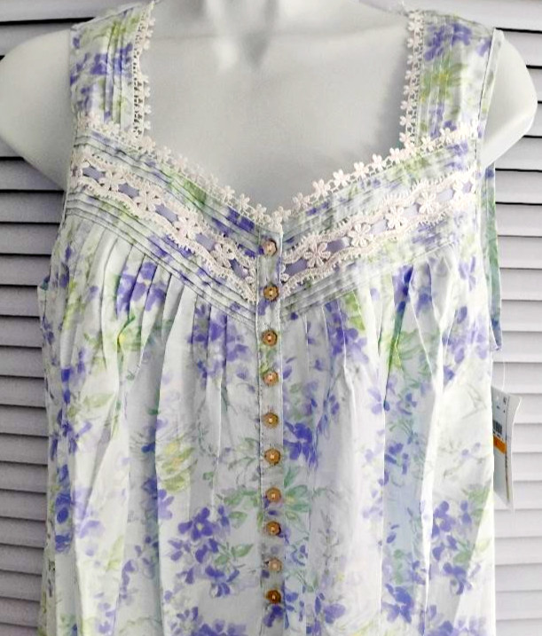 Eileen West Blue Multi Floral Sleeveless 100% Cotton Lawn Ballet Nightgown S