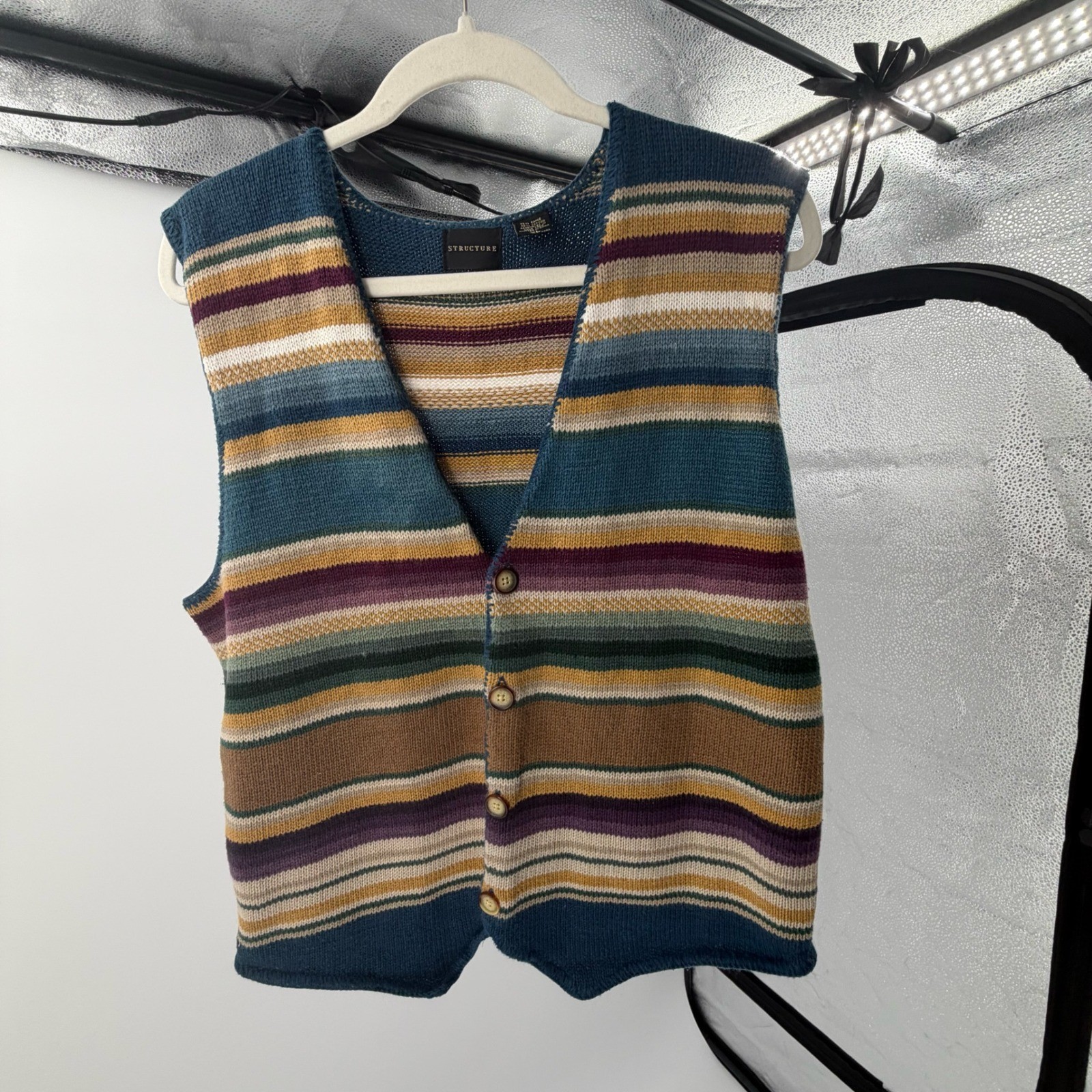VTG Structure 90’s Cotton Multi- Color Striped Sweater Vest Sz XL Indie Retro