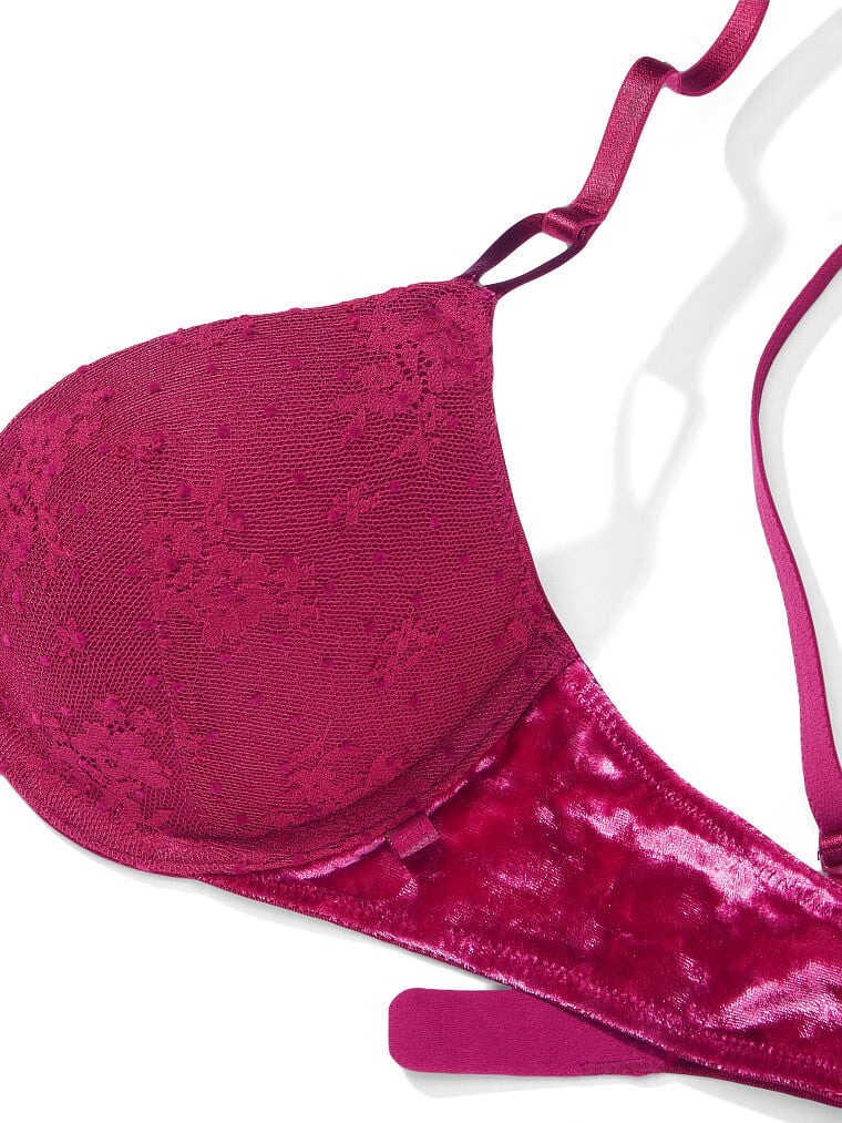 38DD Berry Pink LACE VELVET Wings Extreme Lift Victorias Secret Plunge PU UW Bra