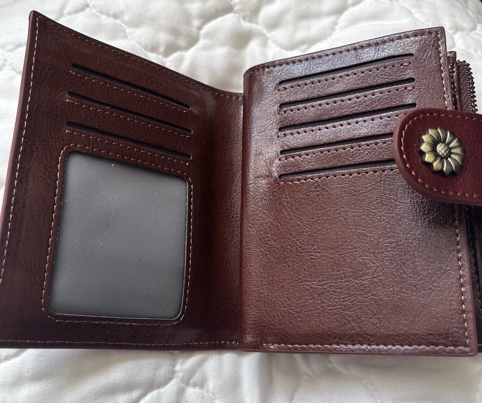 Blucoay brown folding wallet, flower button accent, zippered coin pocket, women