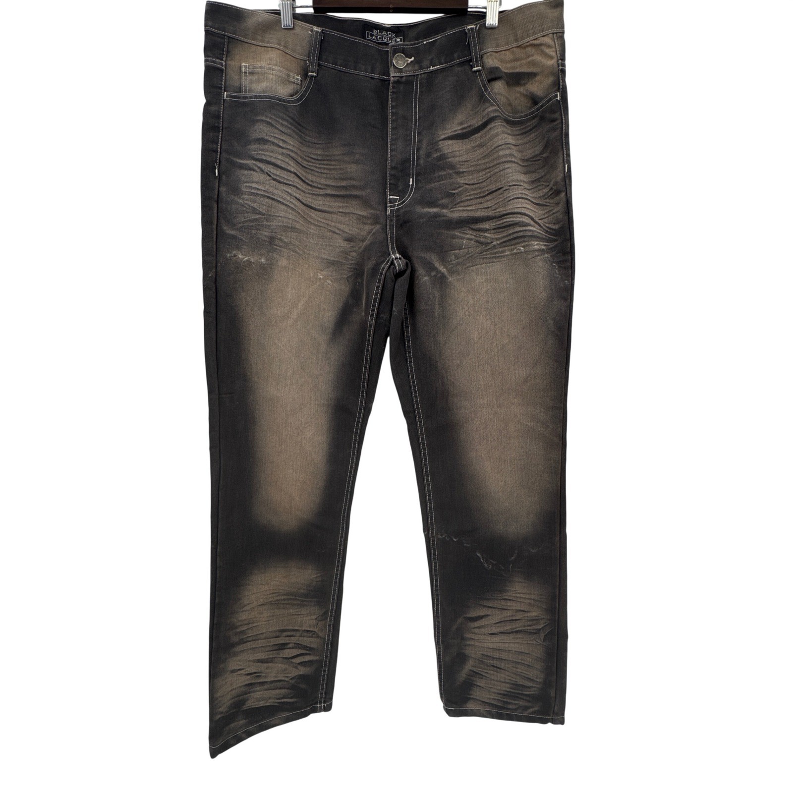 Black Lacquer Mens 42 Gray Faded Distressed Contrast Stitch Denim Jeans