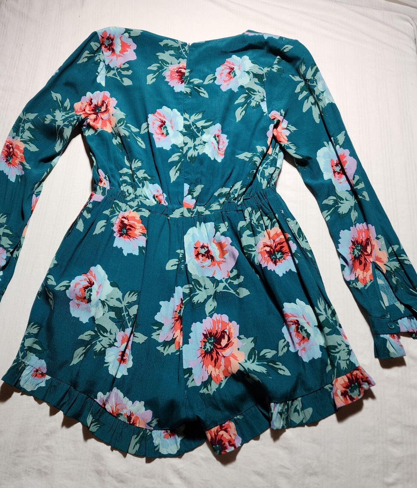 Minkpink Romper Womens Medium Green Pink Floral Short Long Sleeve Ruffles V Neck