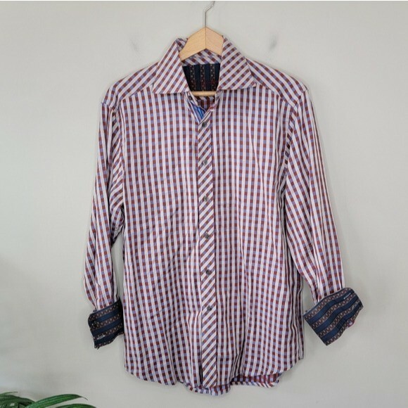 Robert Graham | Rust Brown Blue Tan Plaid Shirt, size medium