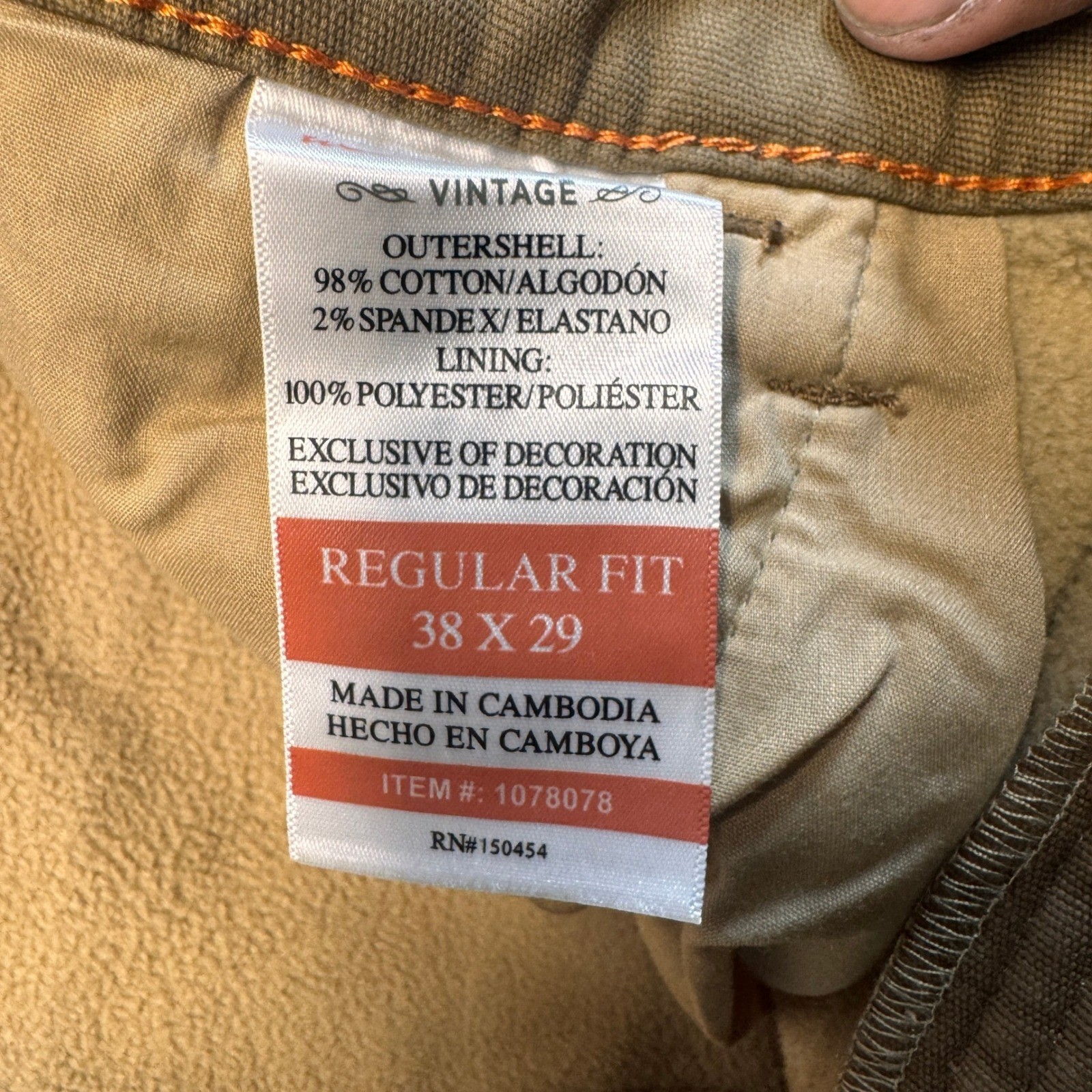 Weatherproof Vintage Mens Fleece Lined Canvas Pants Brown Regular Fit 38×29