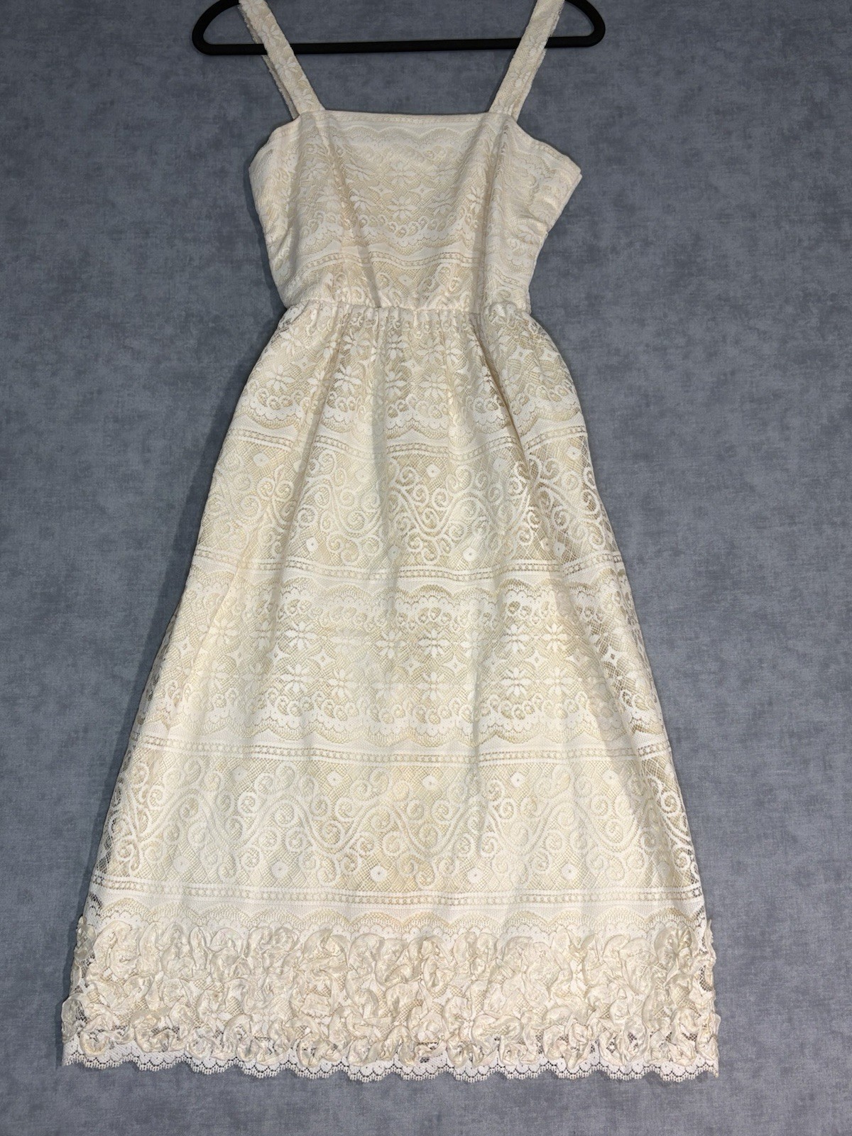 Vintage Girls Lace Dress Cream Sleeveless Strap 36” Long Cottagecore Bad Zipper
