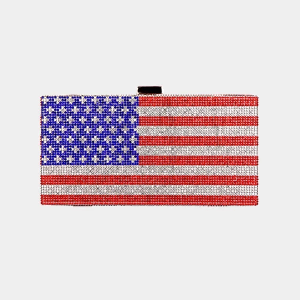 American Flag Rhinestone Evening Clutch Purse Crossbody Patriotic USA Handbag