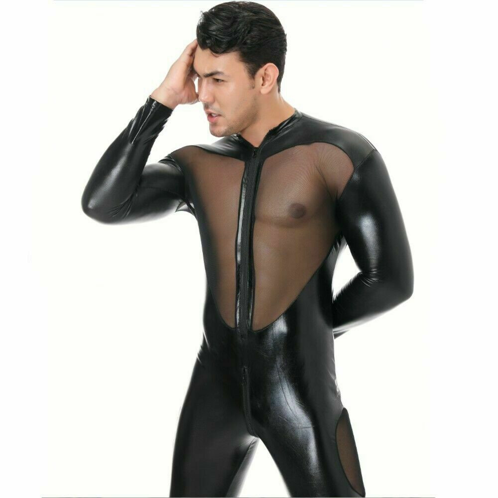 Men’s PU leather Mesh tight Bodysuit Lingerie Wet Look Shiny Long Sleeve Costume
