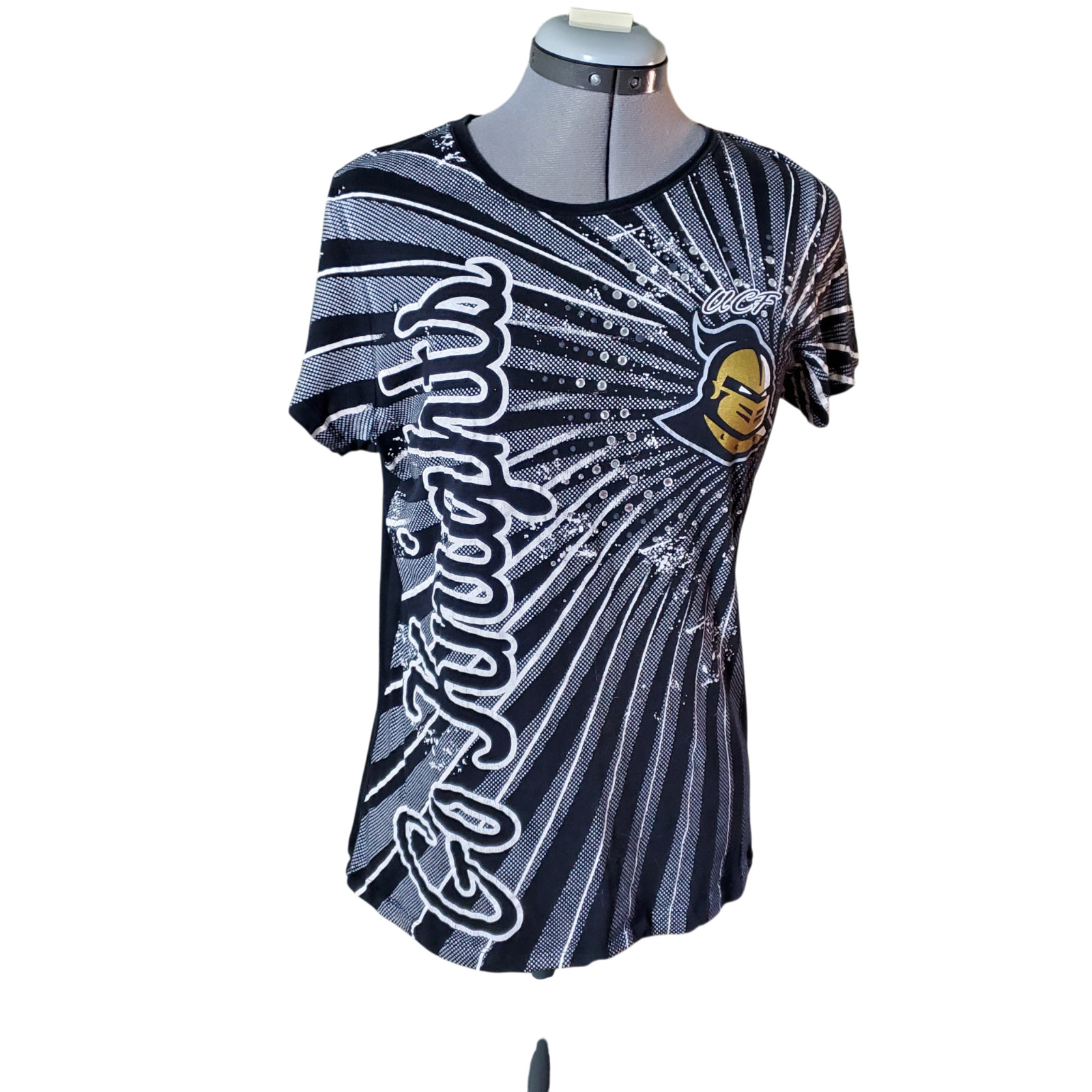 UCF Knights Sunburst Bling Black Gold Gameday Graphic Tee Wm Sz L Gameday Glam