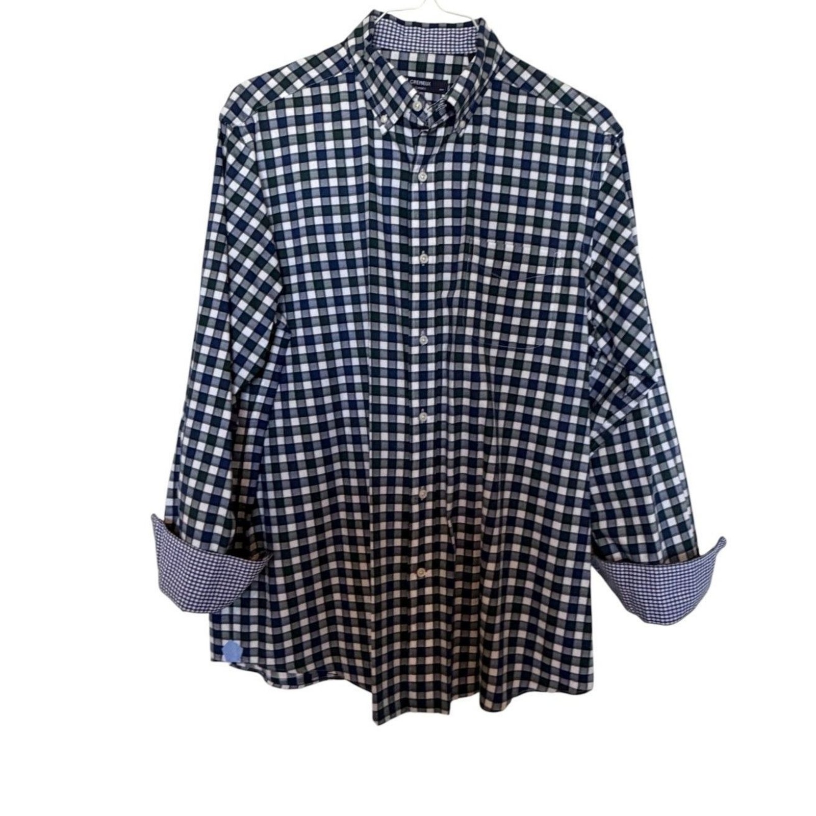 Cremieux Classics Men’s Navy Green Gingham Check Cotton Shirt, Size L