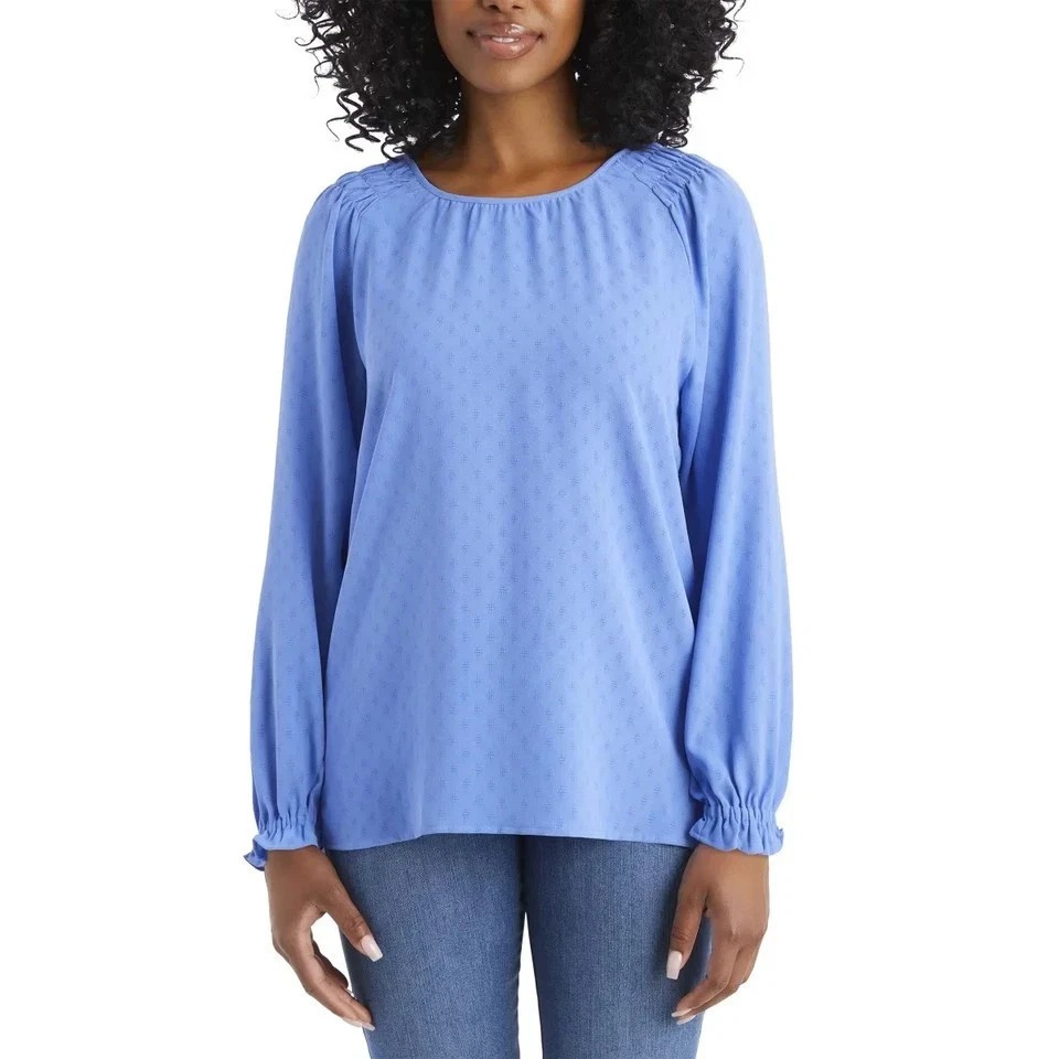 Jessica Simpson Women’s Blouse Textured Top Long Sleeves Pullover Blue S