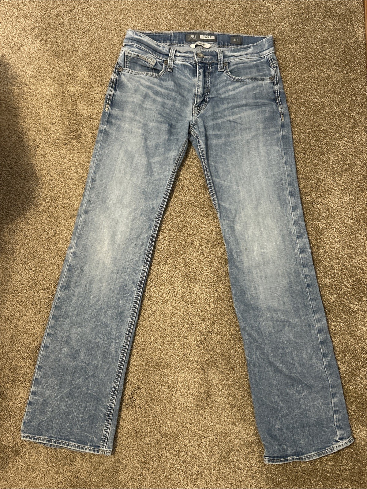BKE Jake Jeans Men, Blue Bootleg Stretch Light Wash, Whiskered, 31L