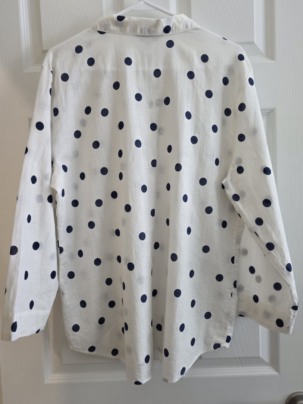 Hester & Orchard Linen Blend XL Blouse White Navy Polka Dots Long Sleeves Summer