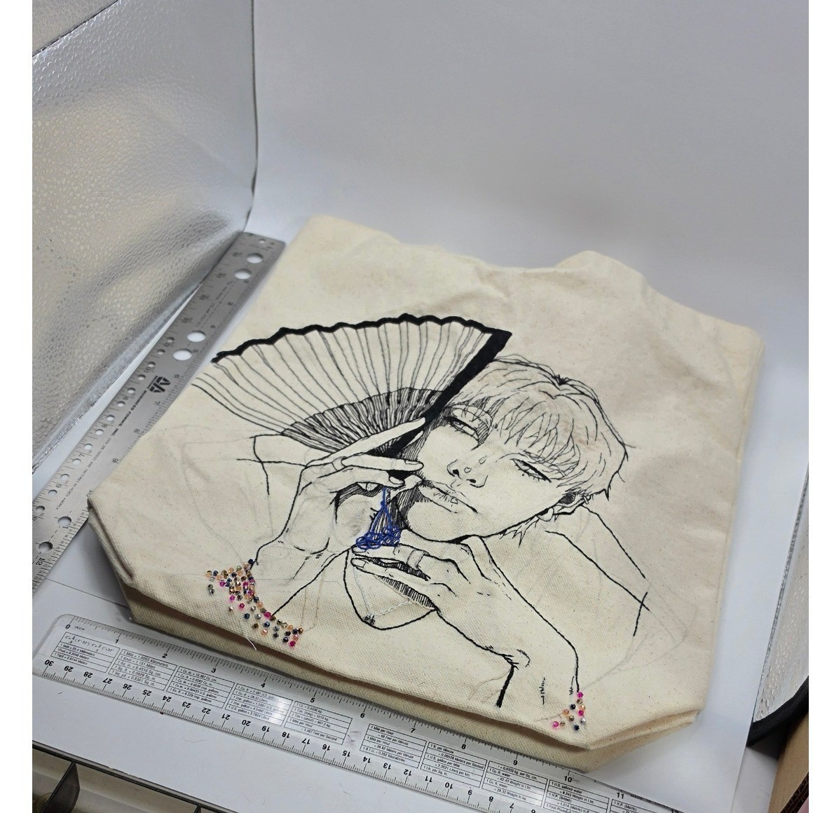 Hand Embroidered Anime Line Art Canvas Tote Bag KPOP BTS Jimin Beaded unfinished