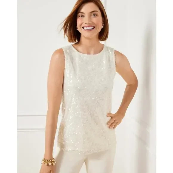 NWT TALBOTS IVORY DRESSY SLEEVELESS SEQUIN SHELL TOP PL