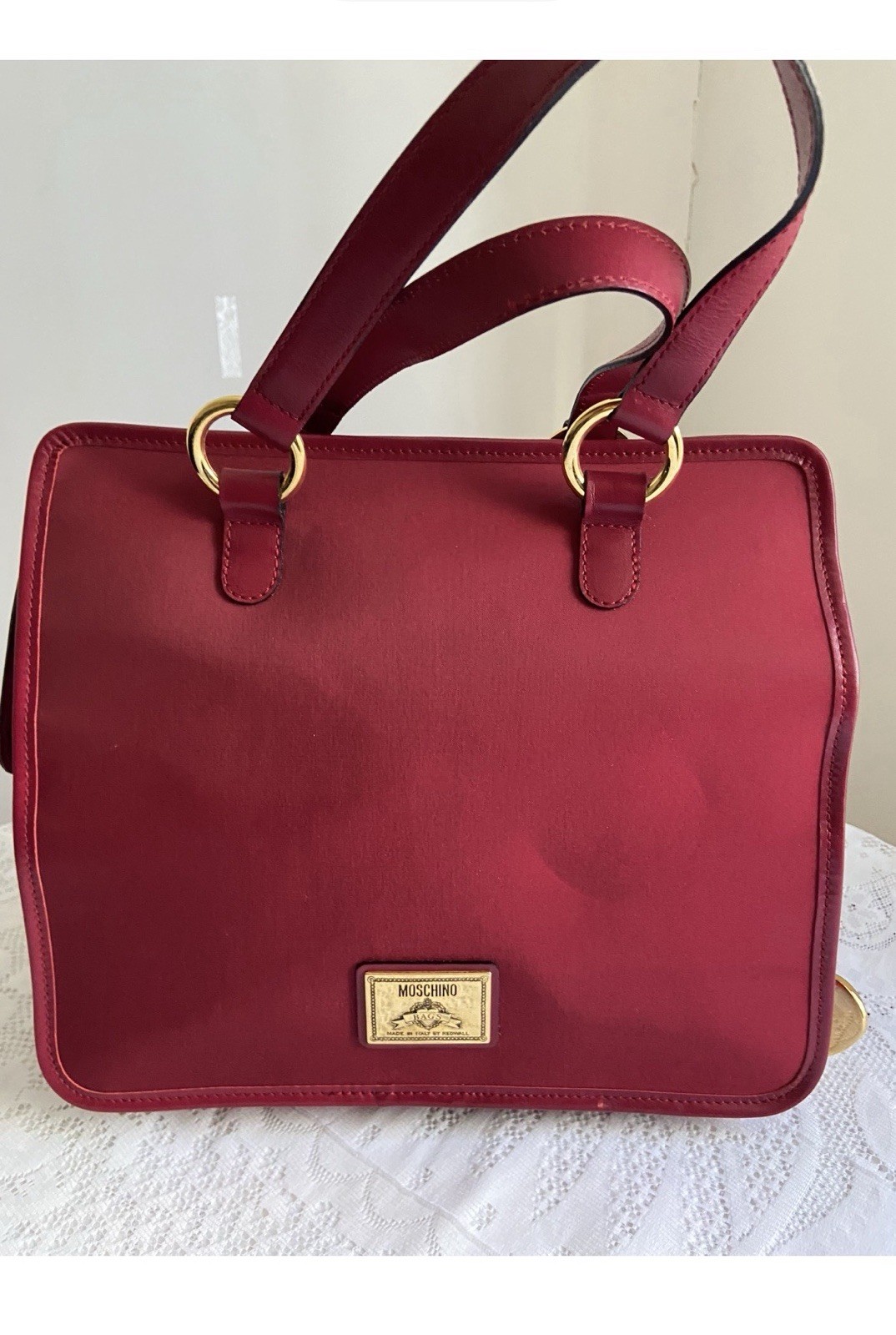 Vintage Moschino by Redwall Satin Novelty Satchel Red Gold Hardware Heart Charm