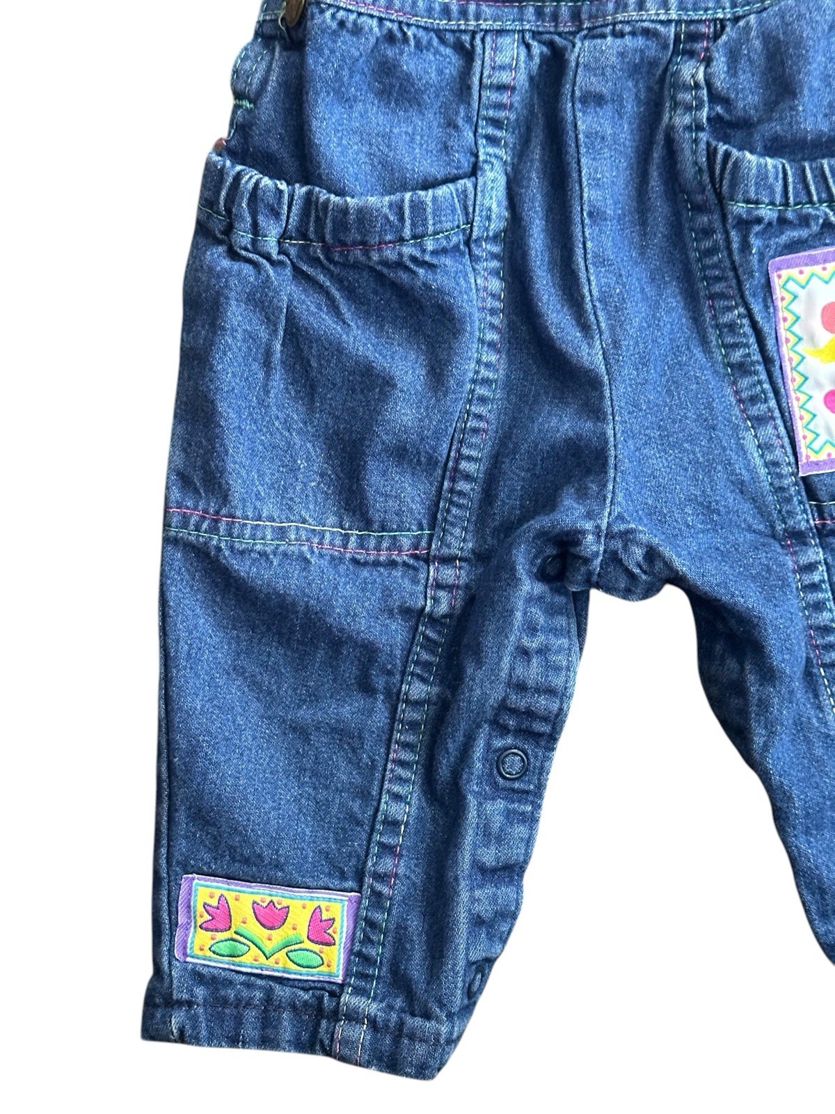 Vtg OshKosh B’gosh Vestbak Denim Overalls Sz 6 / 9 Mos USA Made Patch Flower
