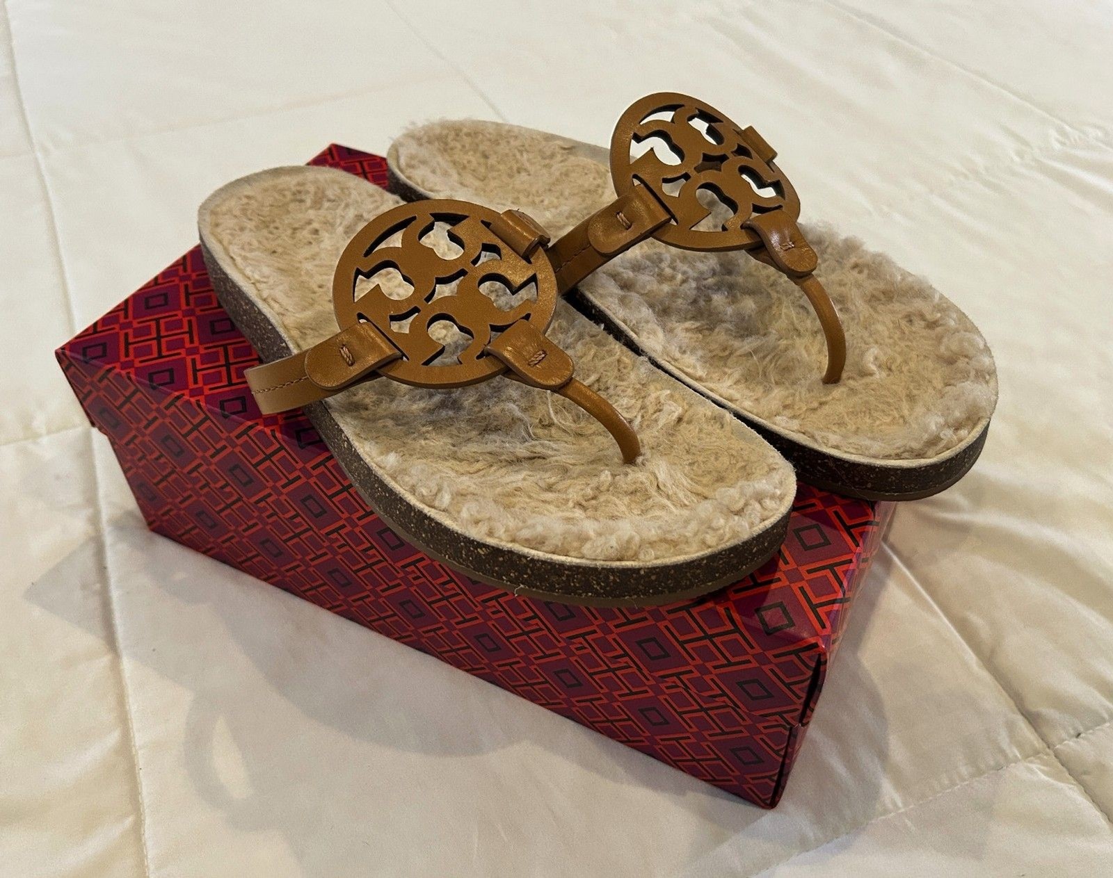 Tory Burch Miller Cloud Shearling Sandals Size 9 – Caramel Corn Nappa Leather