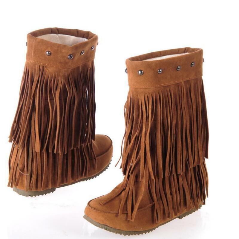 Fringes Womens Rivet Tassel Round Toe Hidden Wedge Mid Calf Boots Pull on Shoes