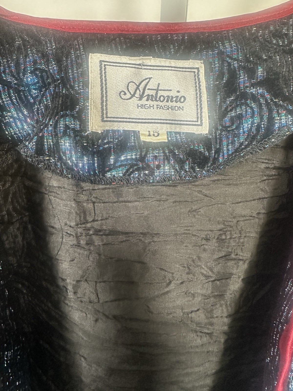 Antonio Blue Black Floral Short Jacket Lined Hook & Eye 3/4 Sleeve Women Size M