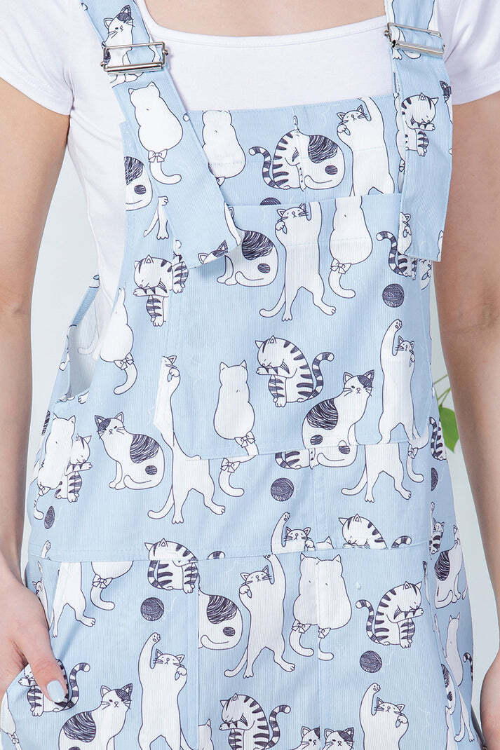 Dancing Cats Print Overall Jumpsuit Bib Colorful Comfy Casual Kittens Pet Kitty