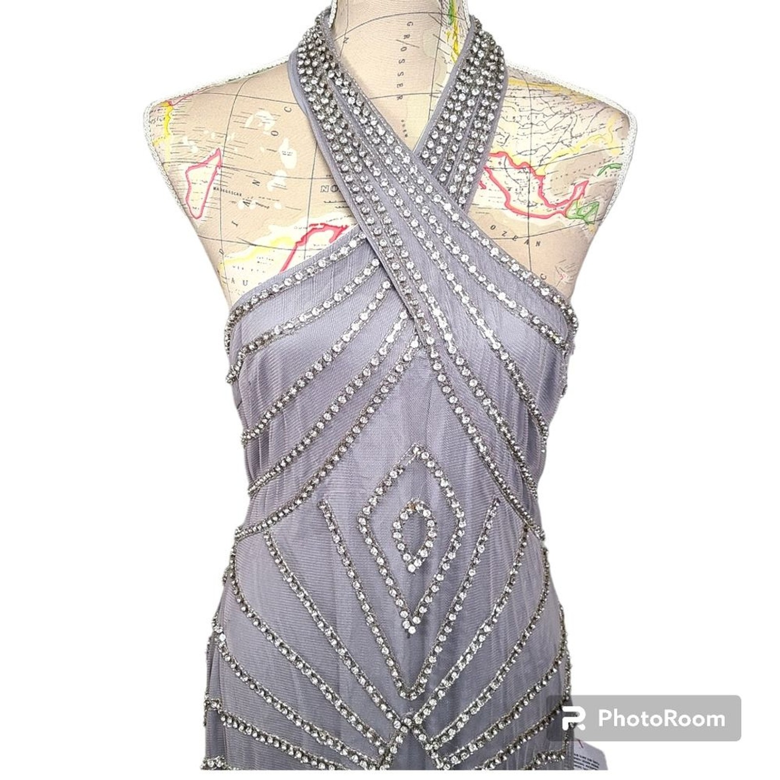 ASOS Design Size 14 Last Showgirl Silver Rhinestone Halterneck Fringed Dress NWT