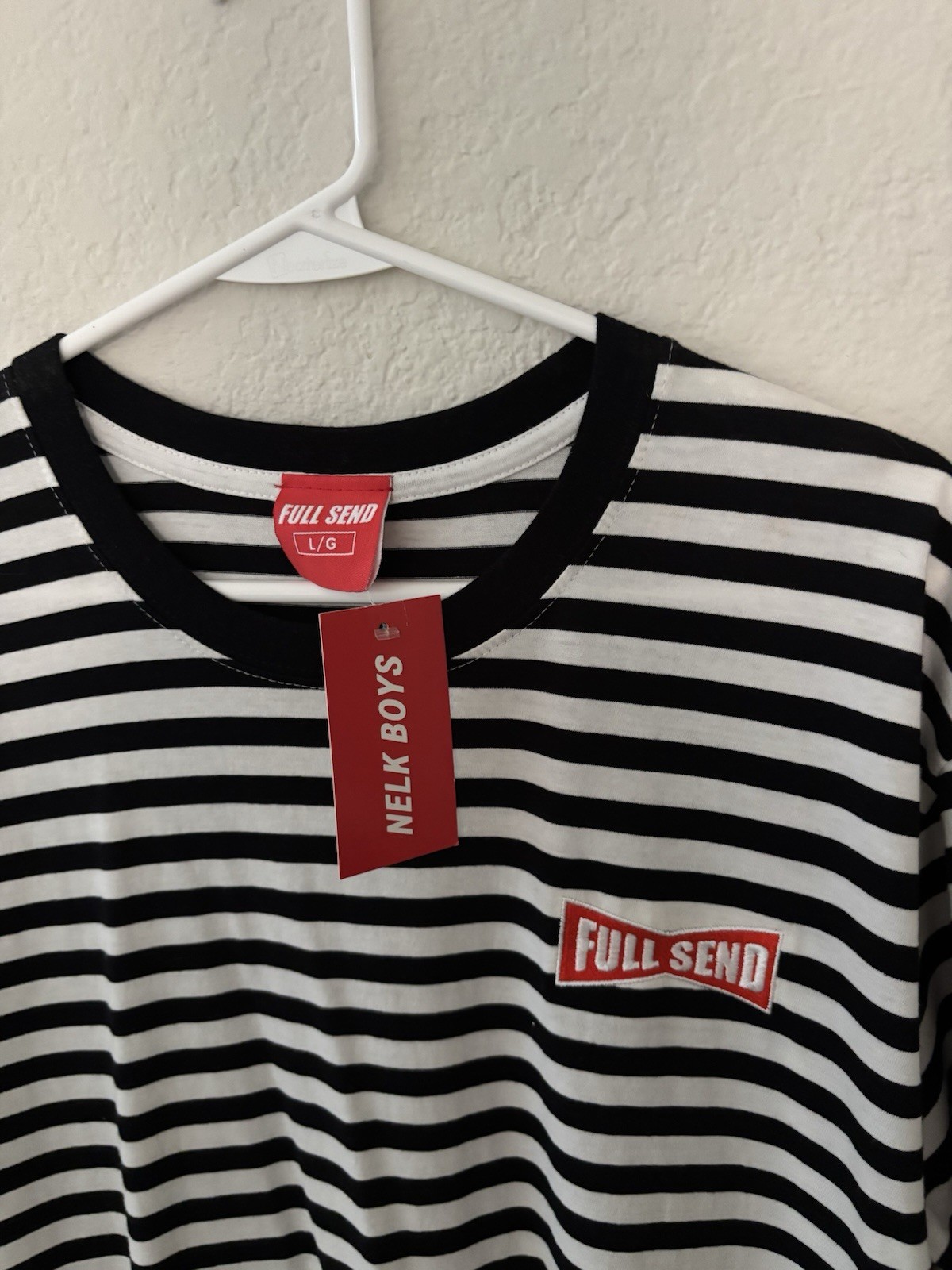 Full Send Men’s Black/White Striped Crew Neck Short Sleeve Logo Tee Size L/G