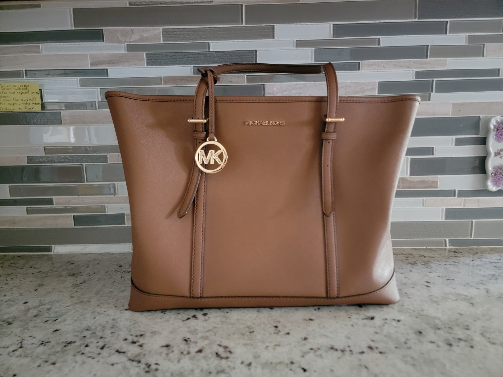 Michael Kors Jet Set Medium Saffiano Leather Top-Zip Tote Bag Brown Purse