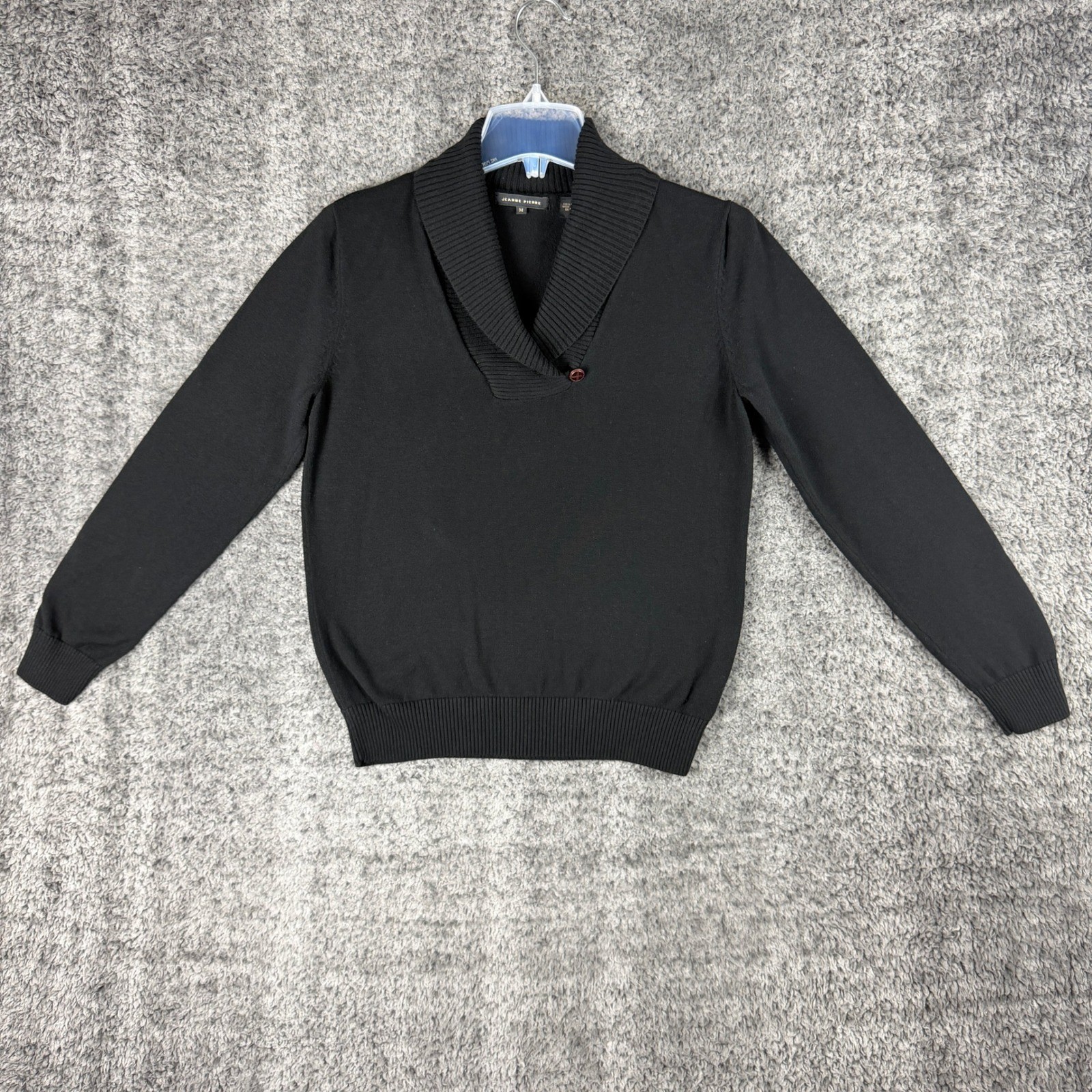 Jeanne Pierre Womens Size M Black 100% Cotton Shawl Collar Button Detail Sweater