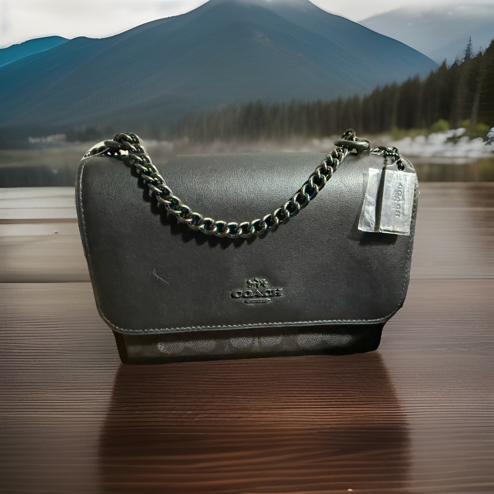 Coach Black Signature Logo Chain Strap Flap Crossbody Bag & Wallet Set