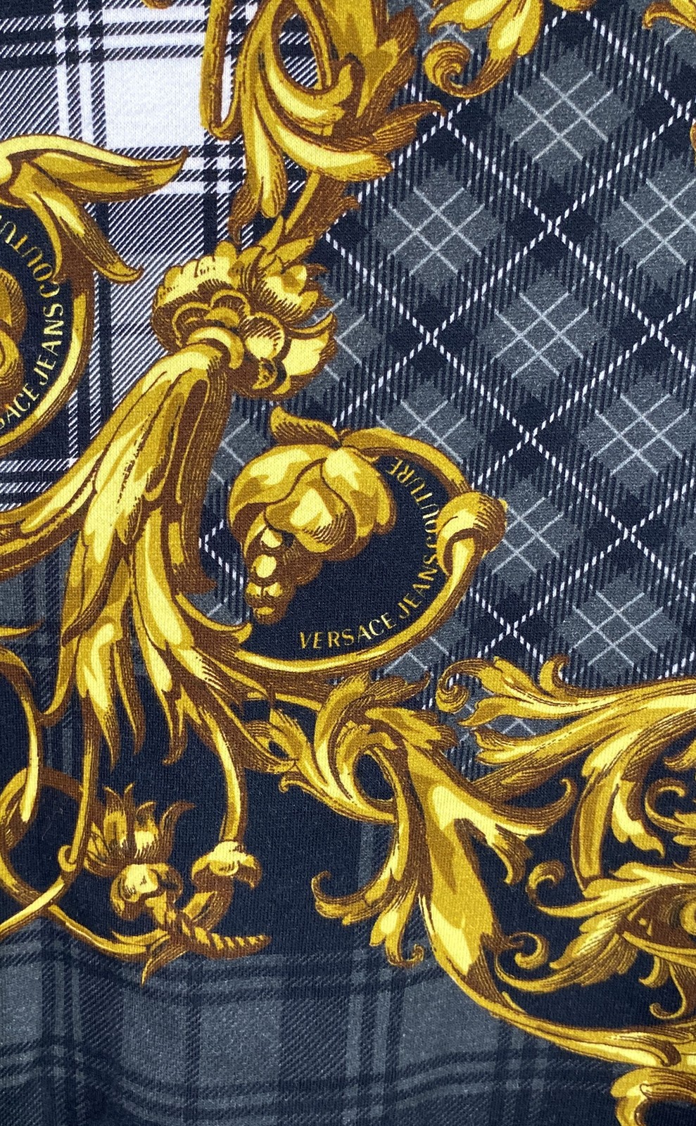 Versace Jeans Couture Men’s Baroque Plaid Crewneck Sweatshirt Grey Gold Sz XXL