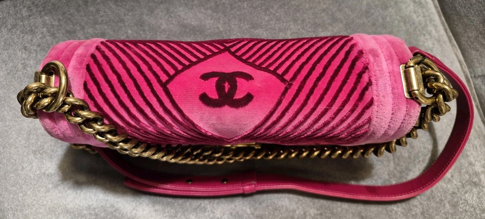 CHANEL Paris-Cosmopolite Chevron Pink Velvet Boy Bag Purse Gold Chain Strap, COA