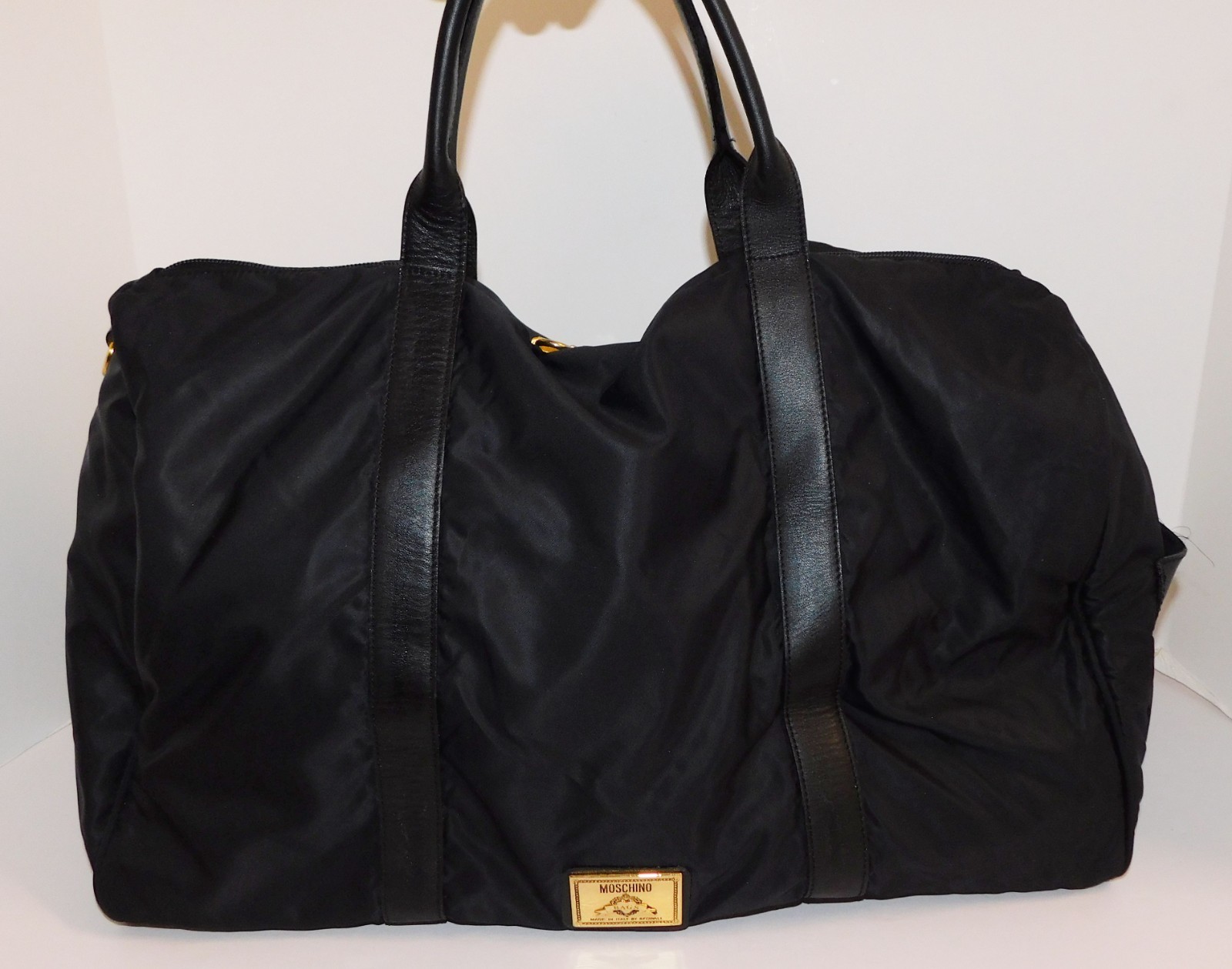 Moschino Redwall Italy Black Nylon Leather Block Leather Duffle Tote Bag