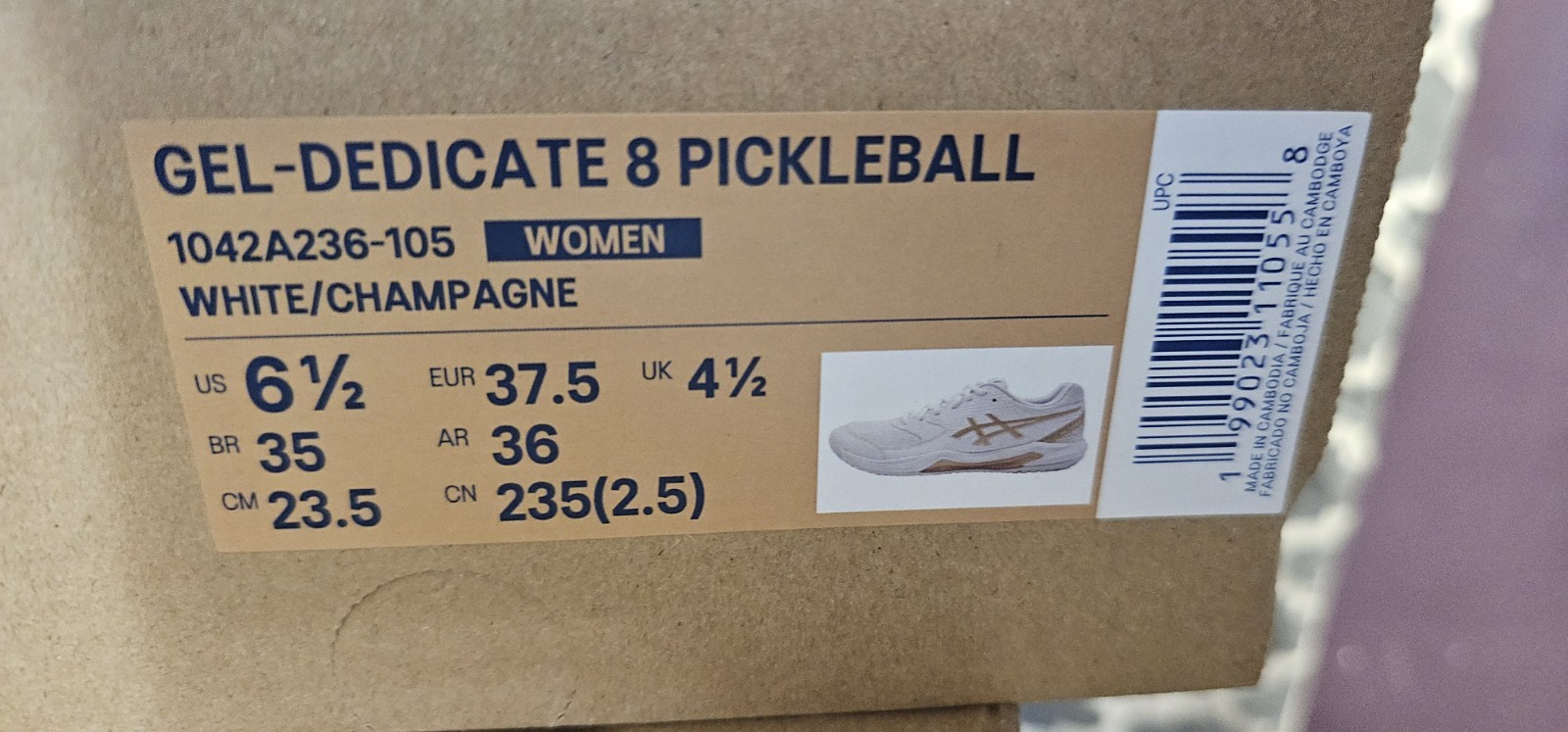 Size 6.5 – ASICS Gel Dedicate 8 Pickleball Sneakers White/Champagne-NIB