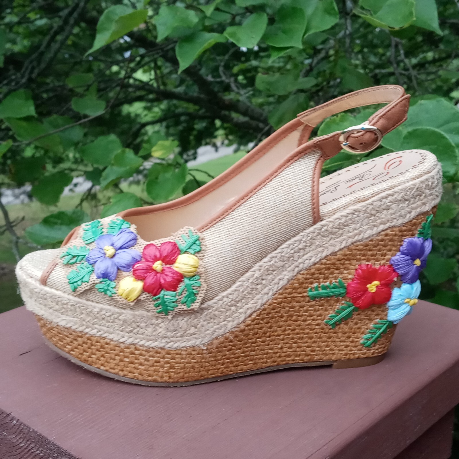 Poetic Licence 8.5 Sandals Natural Petal Pusher Floral Fabric Leather Wedge Shoe